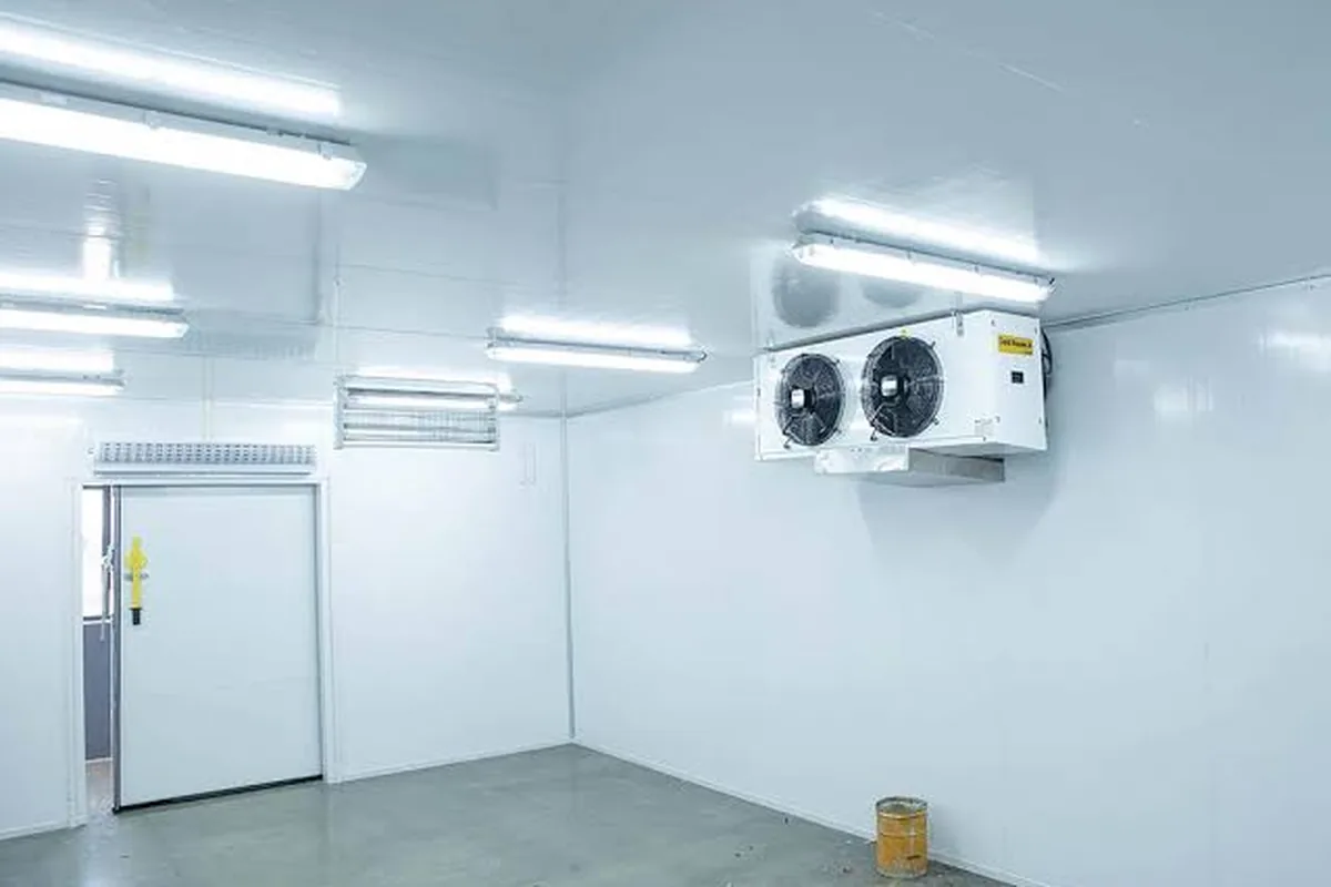 Completed commercial cold room with insulated panels and evaporator unit