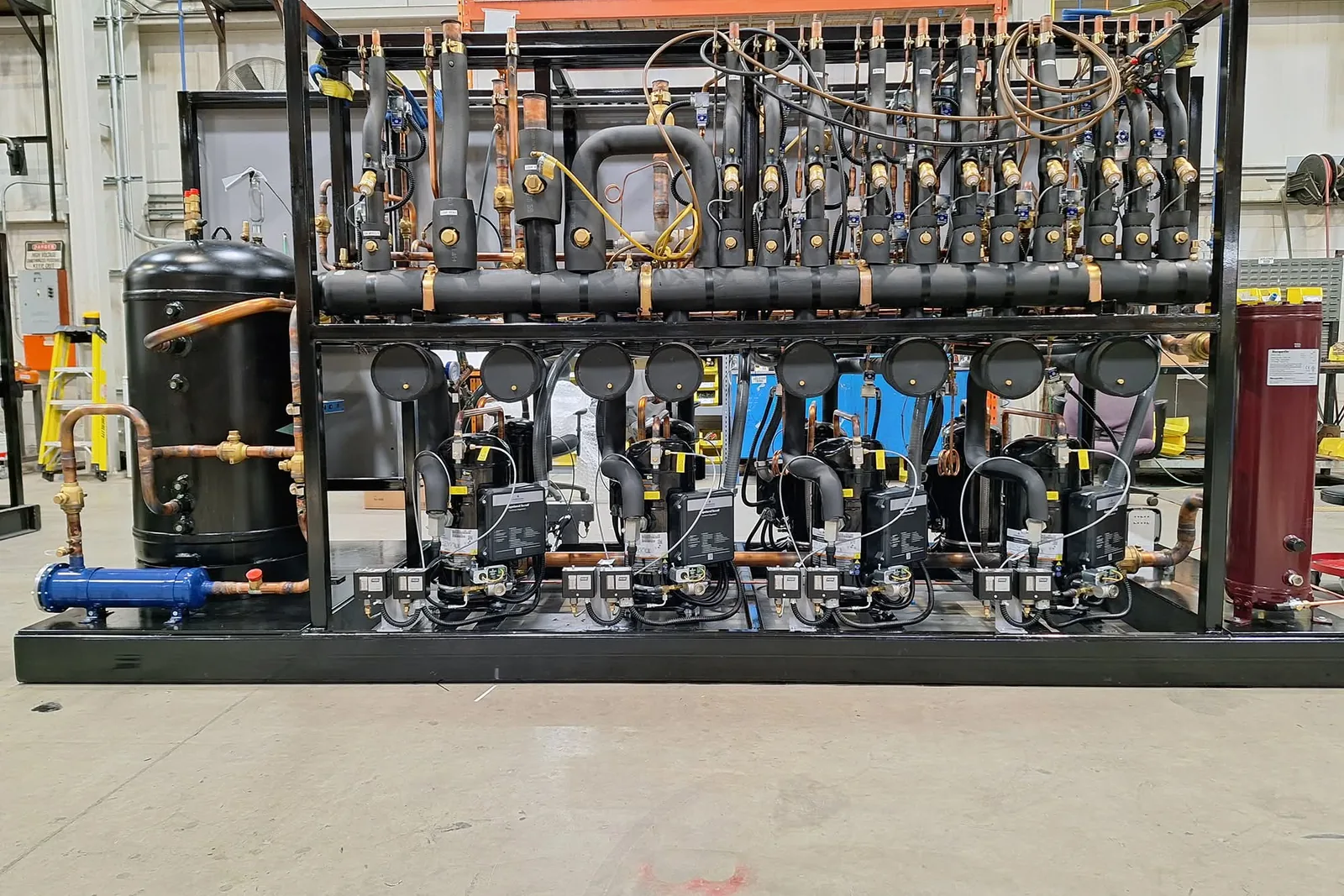 Industrial refrigeration compressor rack and copper pipework
