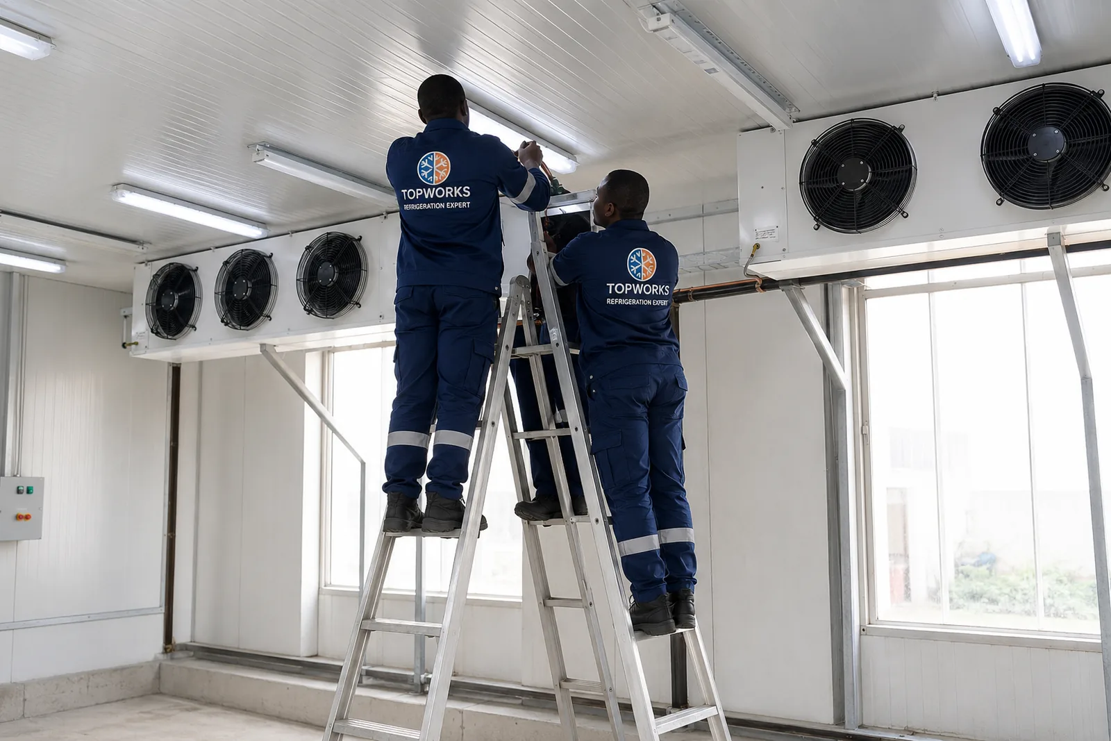 Topworks technicians maintaining commercial refrigeration equipment